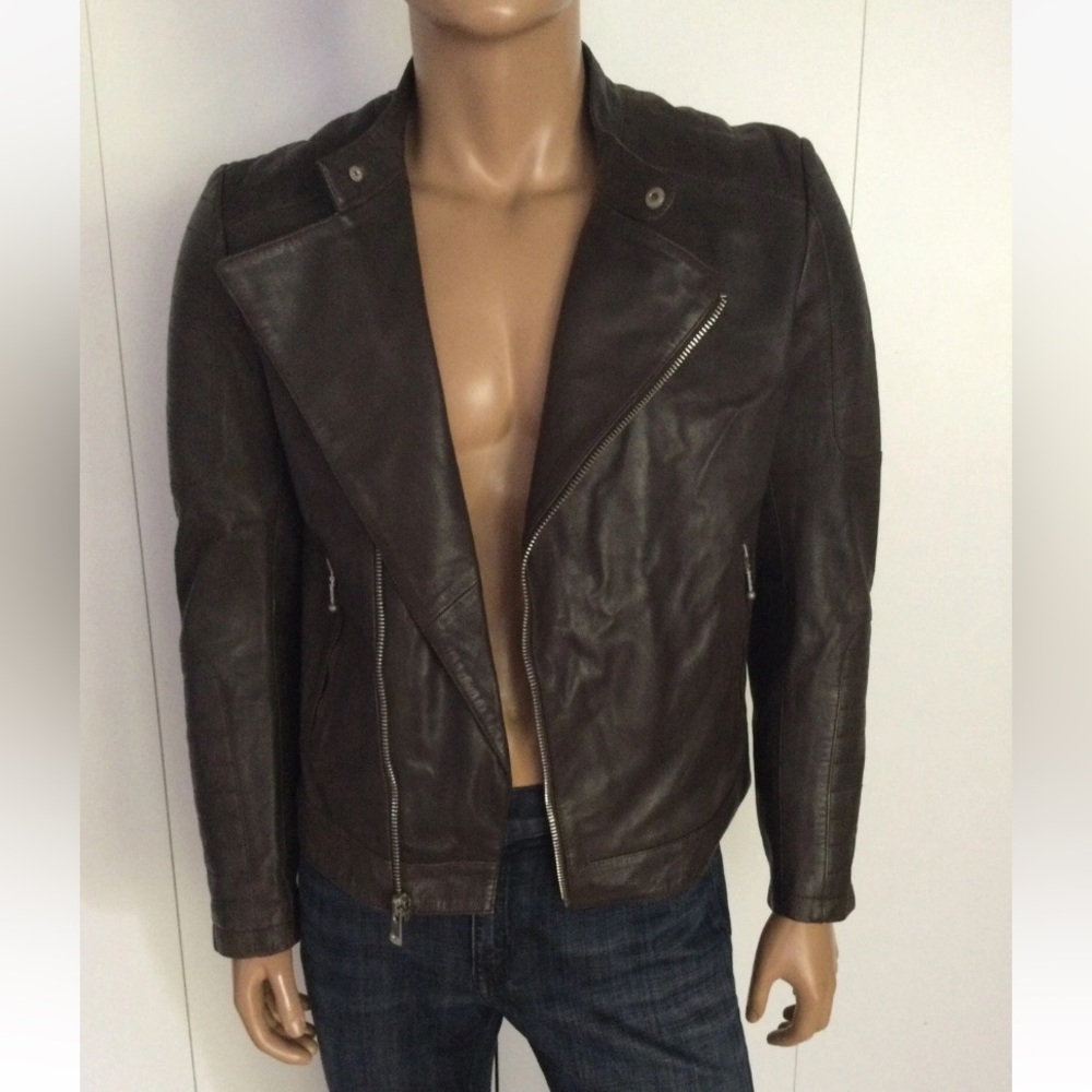 D73 Sheep Leather Brown Motorcycle Asymmetric Zipper Jacket Size M